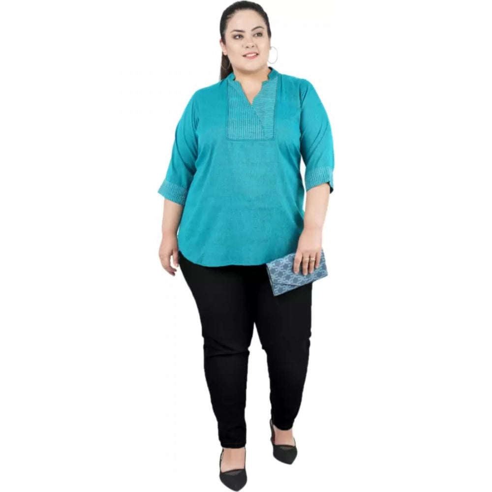 Indoraa Women's Casual Three Fourth Sleeve Embroidered Light Green Top (Color:Light Blue, Material:Cotton Linen Blend)