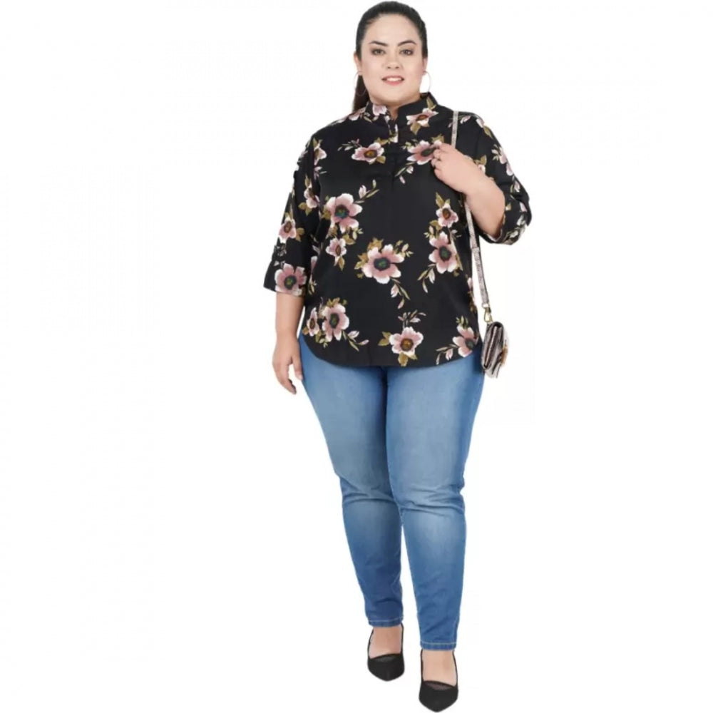 Indoraa Women's Casual Three Fourth Sleeve Printed Black Top (Color:Black, Material:Poly Crepe)