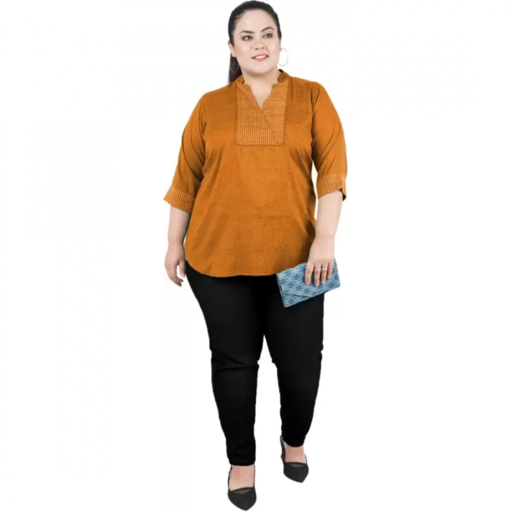 Indoraa Women's Casual Three Fourth Sleeve Embroidered Yellow Top (Color:Yellow, Material:Cotton Linen Blend)