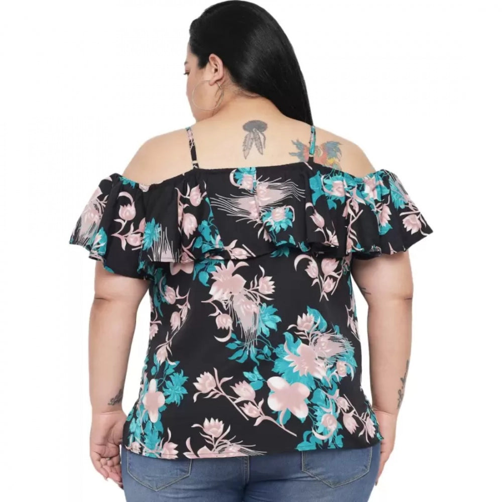 Indoraa Women's Casual Floral Print Black Top (Color:Black, Material:Polyester)