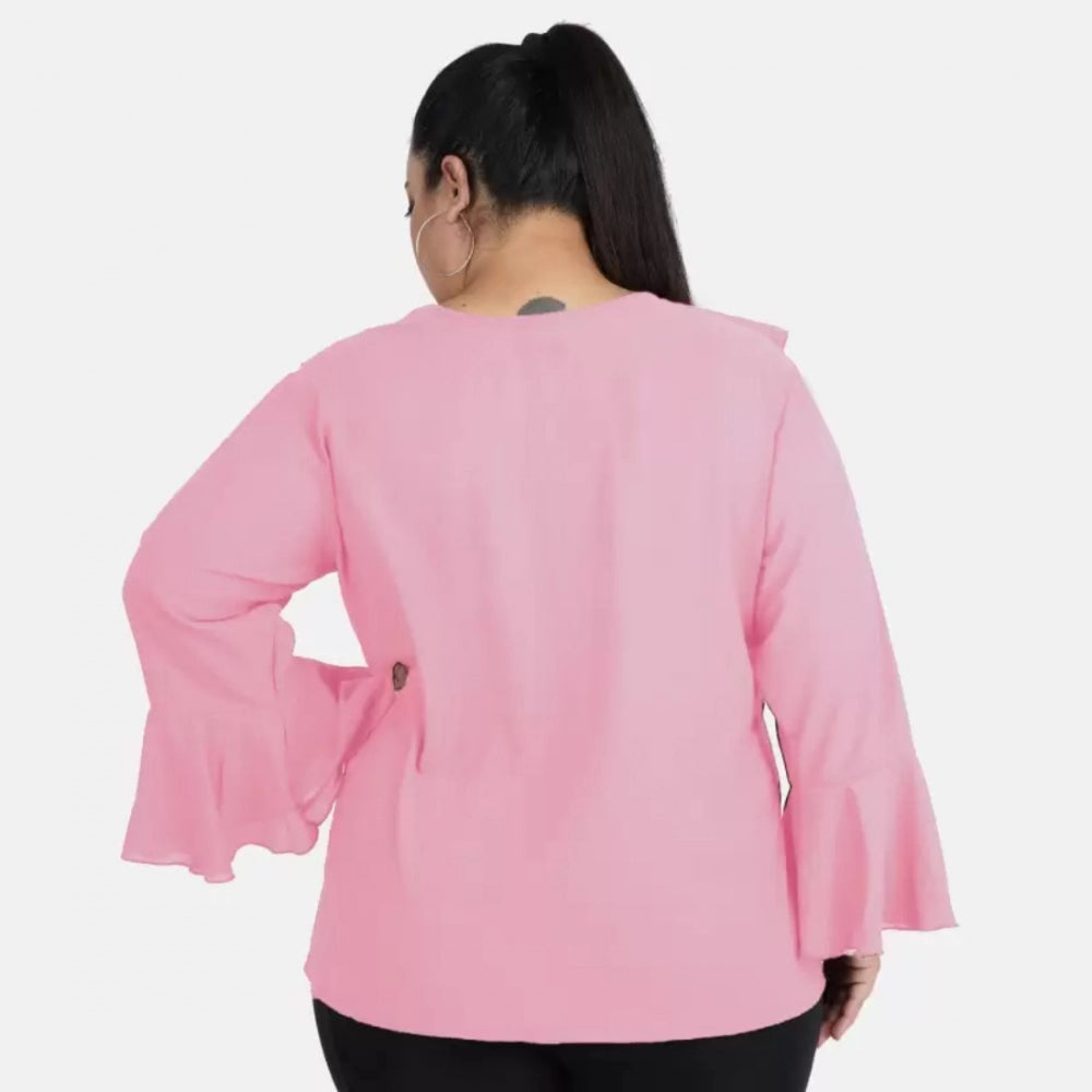 Indoraa Women's Casual Bell Sleeve Solid Pink Top (Color:Pink, Material:Georgette)