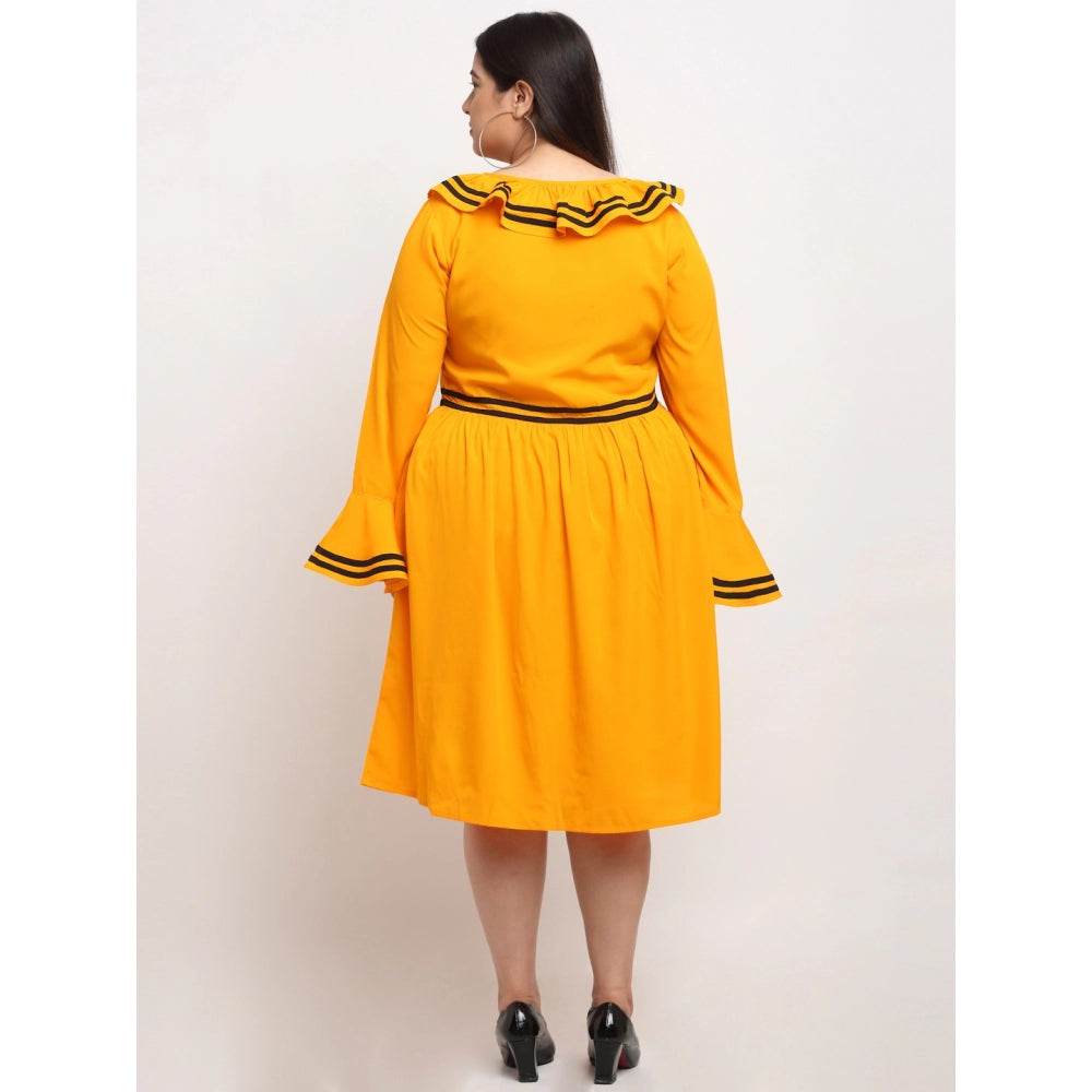 Indoraa Women's Crepe Solid Knee Length Fit and Flare Dress (Yellow)