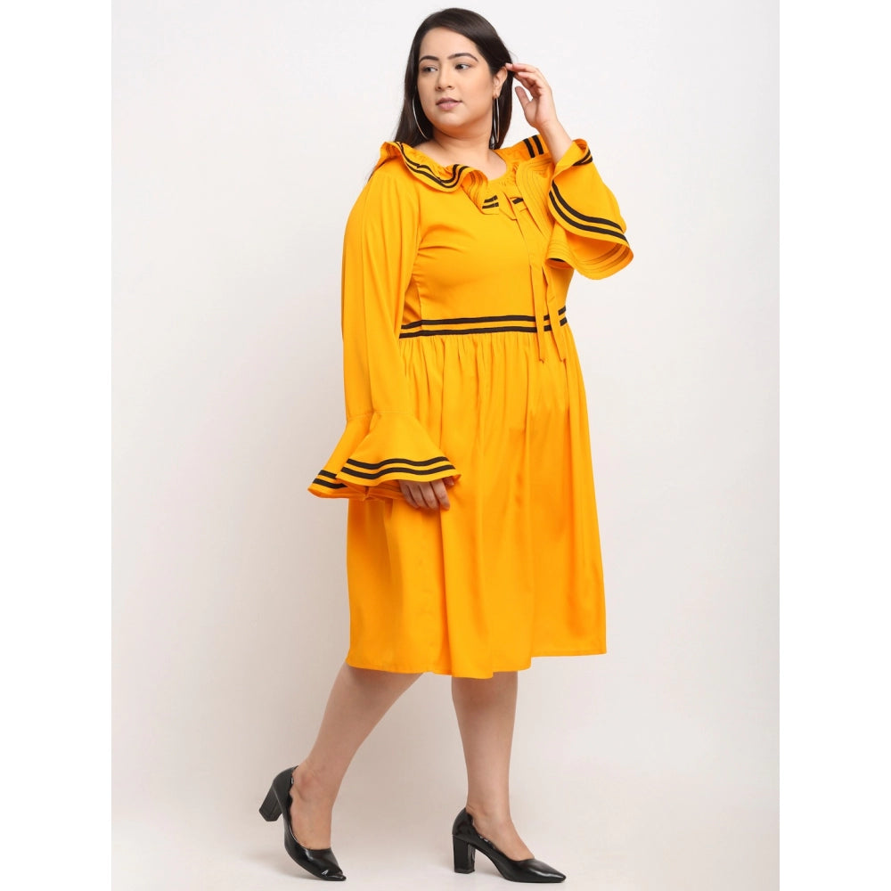Indoraa Women's Crepe Solid Knee Length Fit and Flare Dress (Yellow)