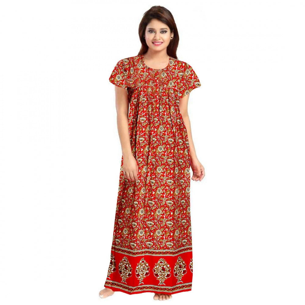 Indoraa Women's Cotton Printed Maxi Nighty (Red)