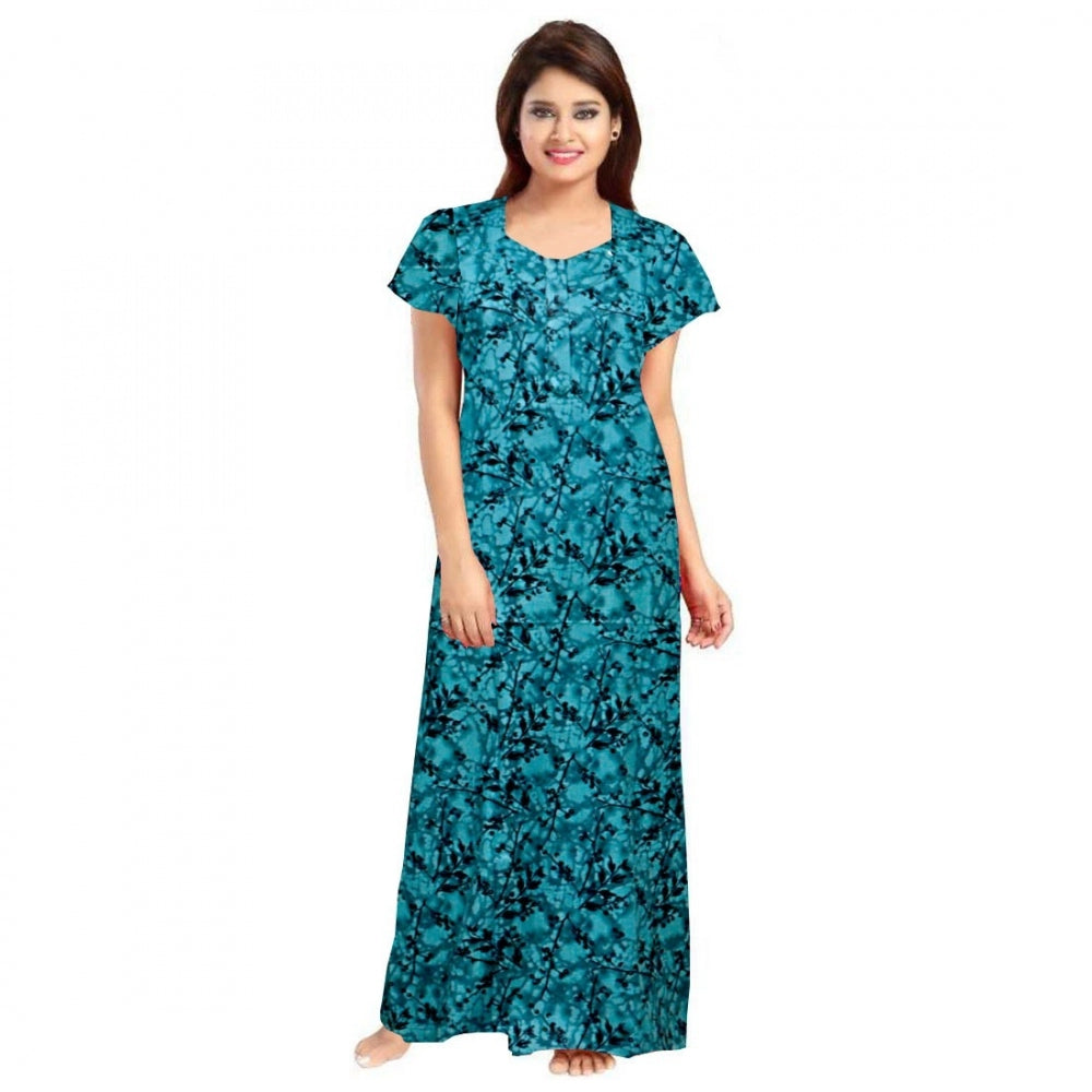 Indoraa Women's Cotton Printed Maxi Nighty (Blue)