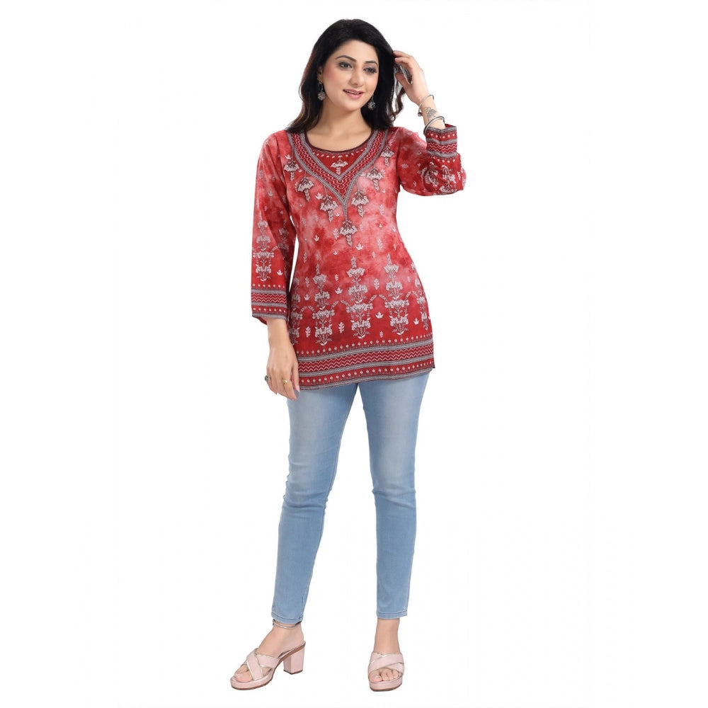 Indoraa Women's 3/4th Sleeve Faux Crepe Tunic Short Top (Red)