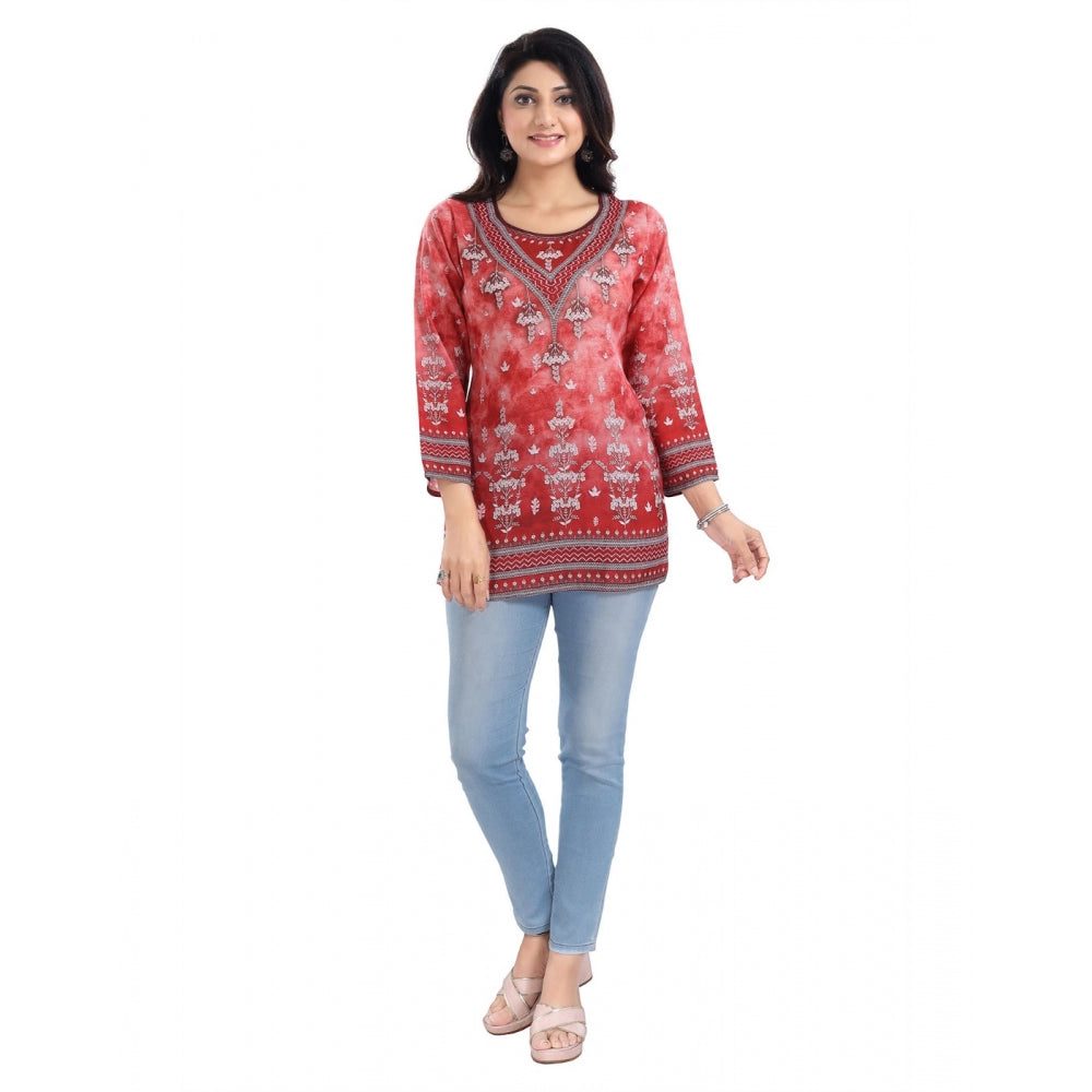 Indoraa Women's 3/4th Sleeve Faux Crepe Tunic Short Top (Red)