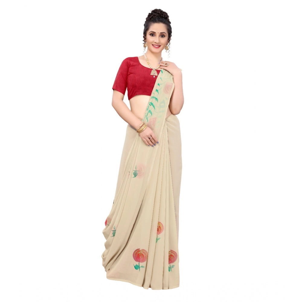 Indoraa Women's Georgette Floral Hand Printed Sarees (Beige, 5-6 Mtrs)
