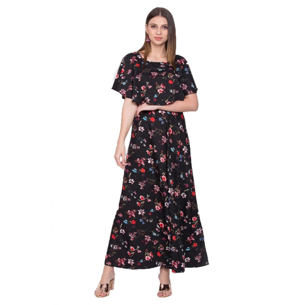Indoraa Women's Crepe Floral Half Sleeves Full Length Gown(Black)