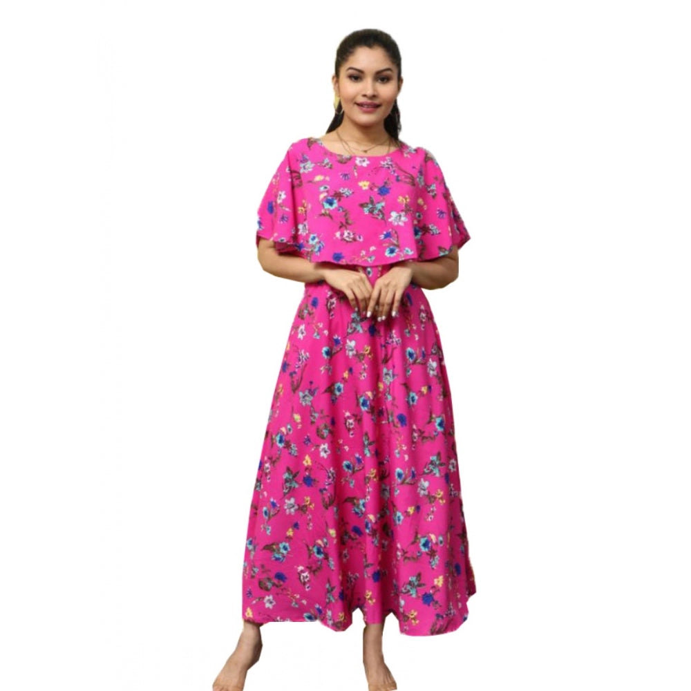 Indoraa Women's Crepe Floral Half Sleeves Full Length Gown(Pink)