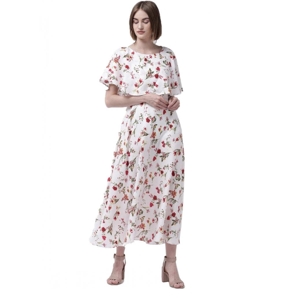 Indoraa Women's Crepe Floral Half Sleeves Full Length Gown(White)