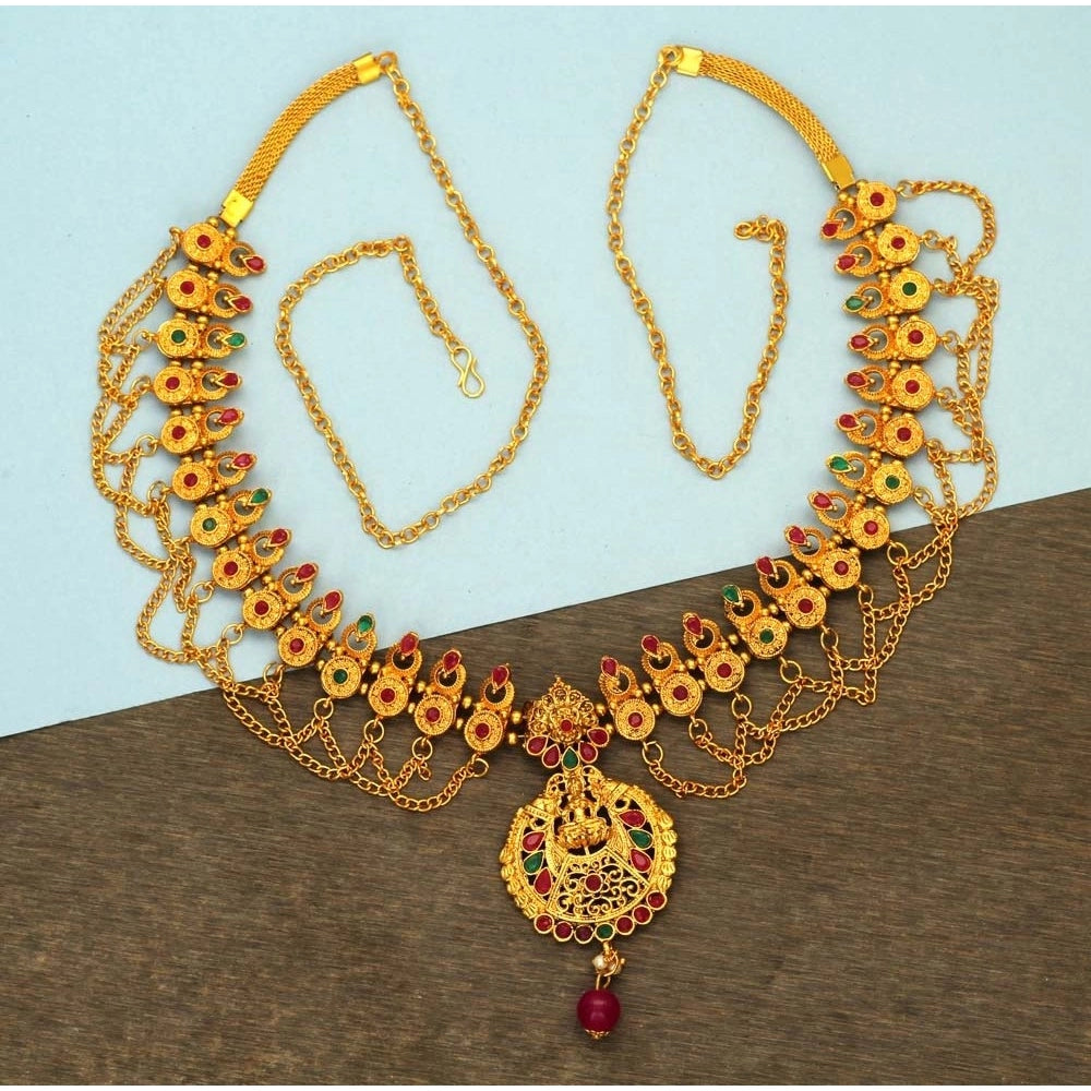 indoraa Women's Maroon & Green Color Glass Stone Kamarband Adjustable Chain
