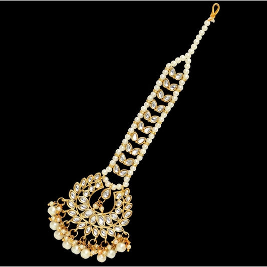 indoraa Women's White Color Imitation Pearl & Kundan Maang Tikka