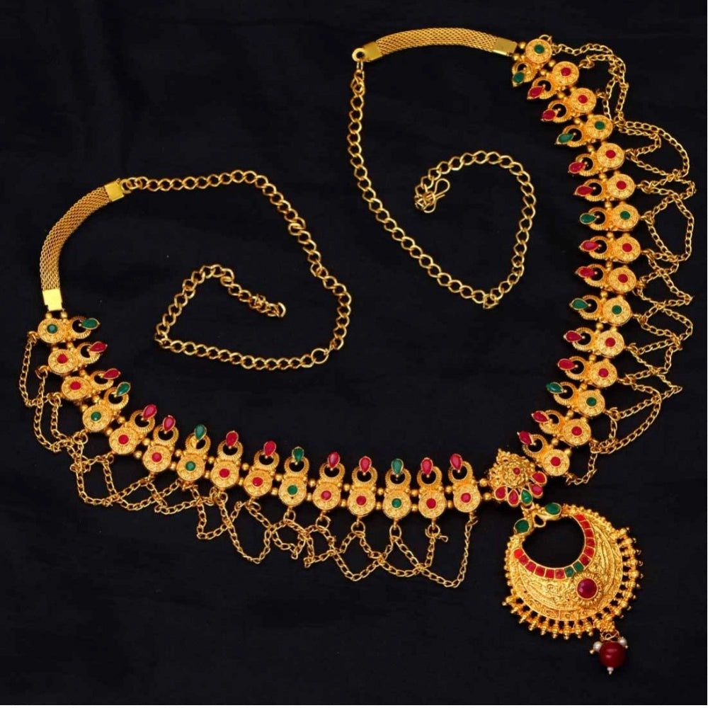 indoraa Women's Maroon & Green Color Glass Stone Kamarband Adjustable Chain