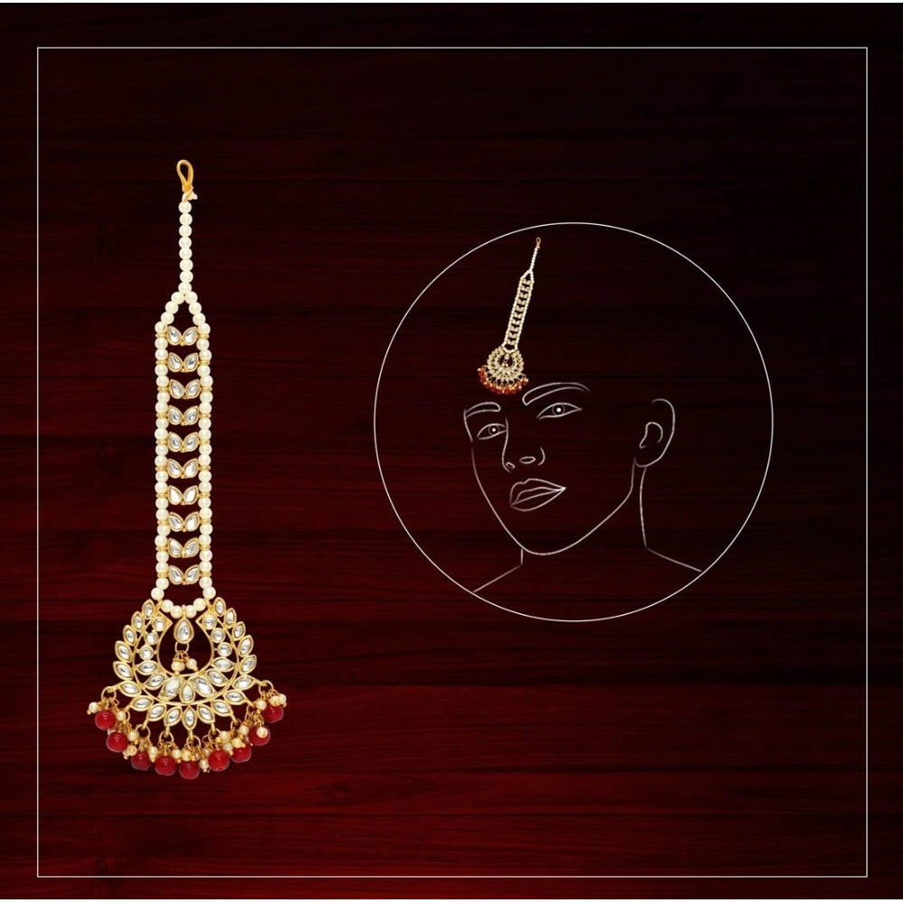 indoraa Women's Maroon Color Imitation Pearl & Kundan Maang Tikka