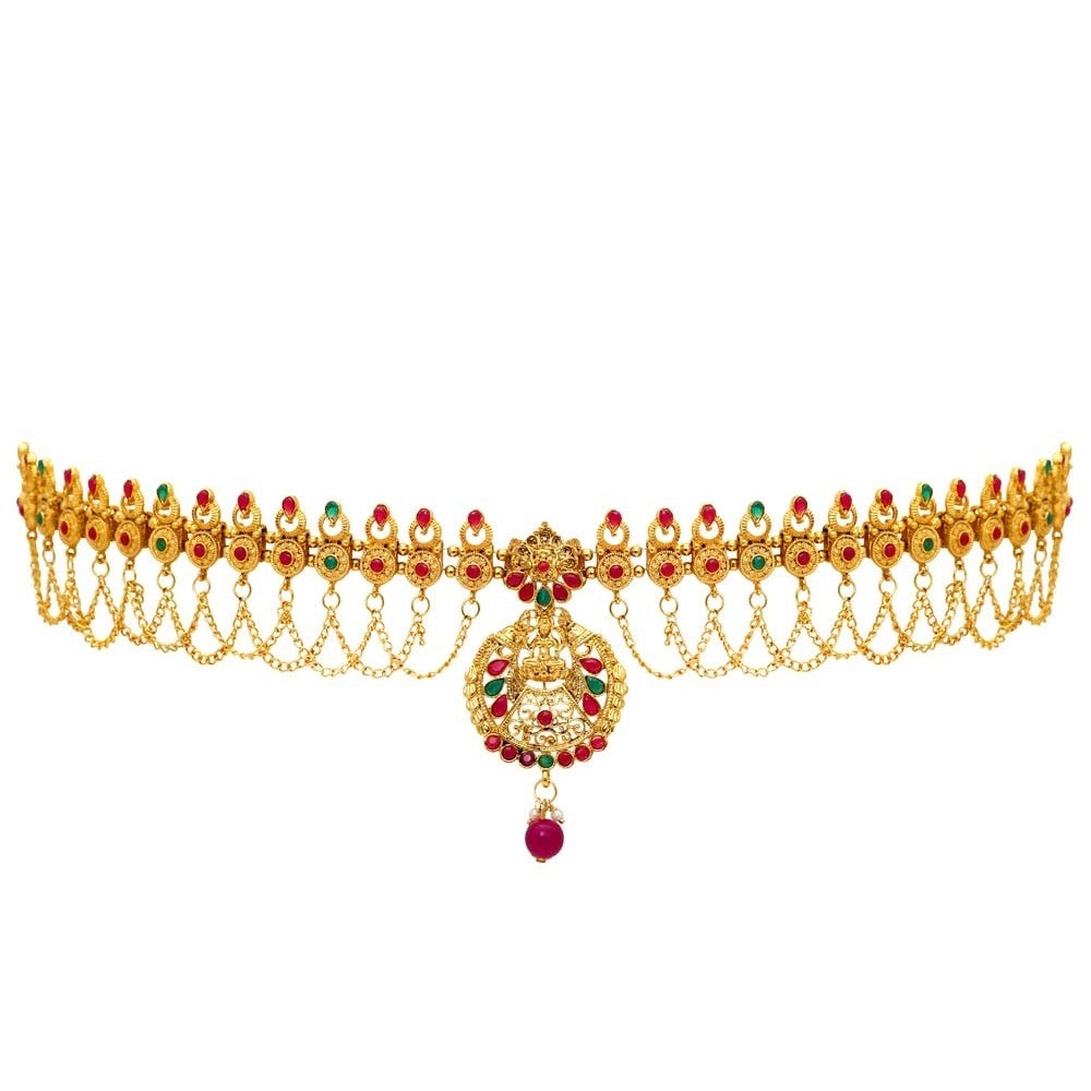 indoraa Women's Maroon & Green Color Glass Stone Kamarband Adjustable Chain