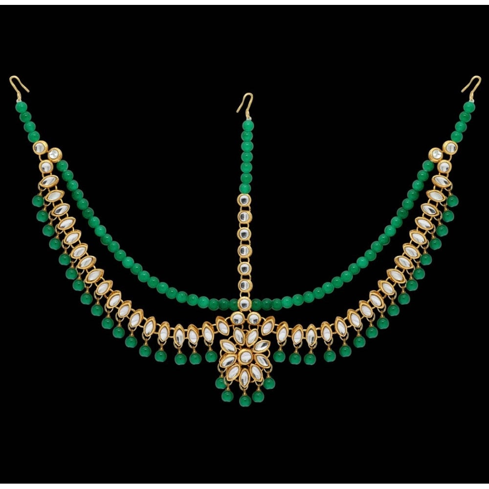 indoraa Women's Green Color Imitation Pearl & Kundan Work Matha Patti