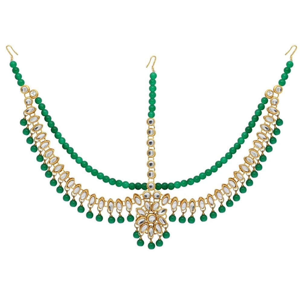 indoraa Women's Green Color Imitation Pearl & Kundan Work Matha Patti