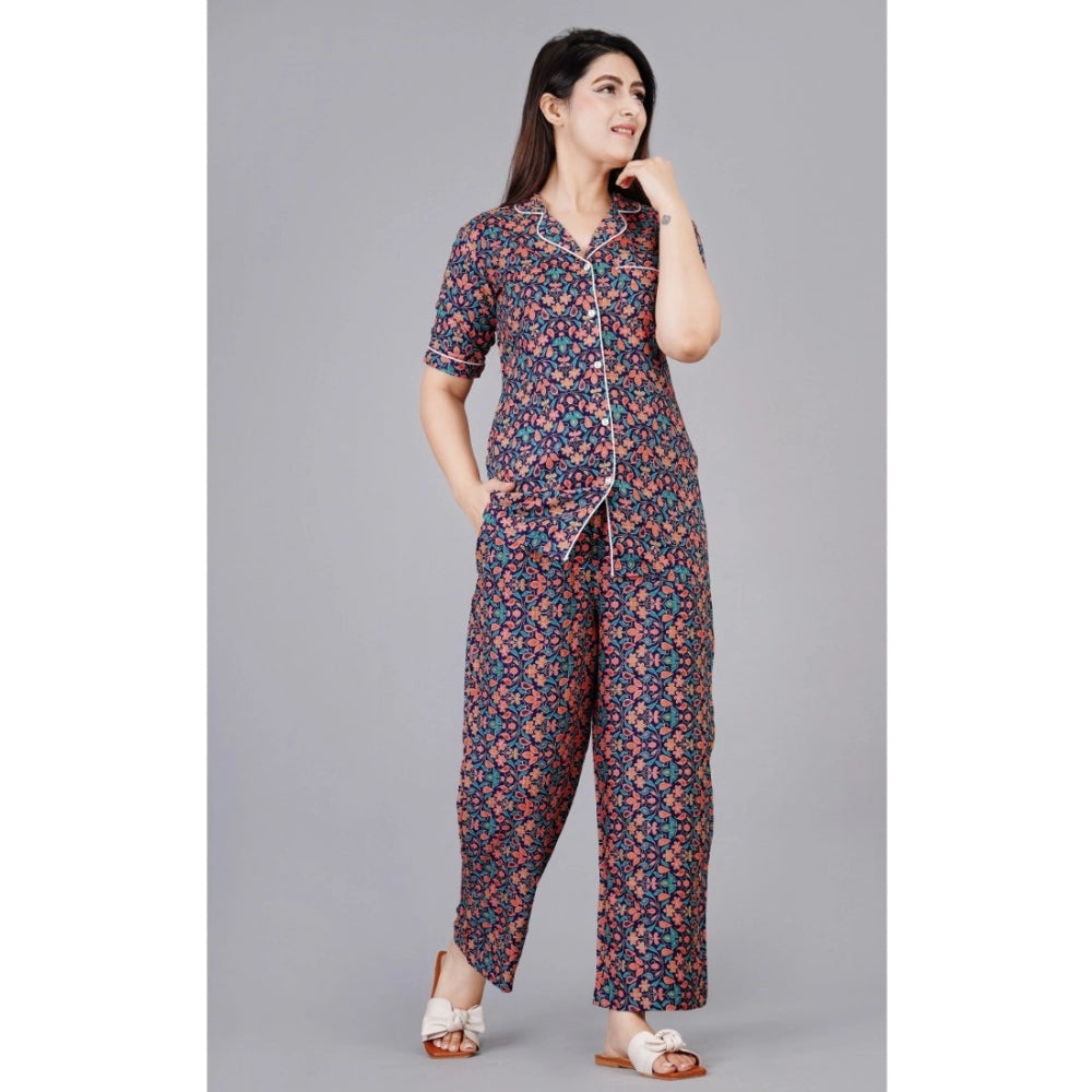 Indoraa Women's Casual Half Sleeve Printed Viscose Rayon Shirt With Pyjama Pant Night Suit Set (Blue)