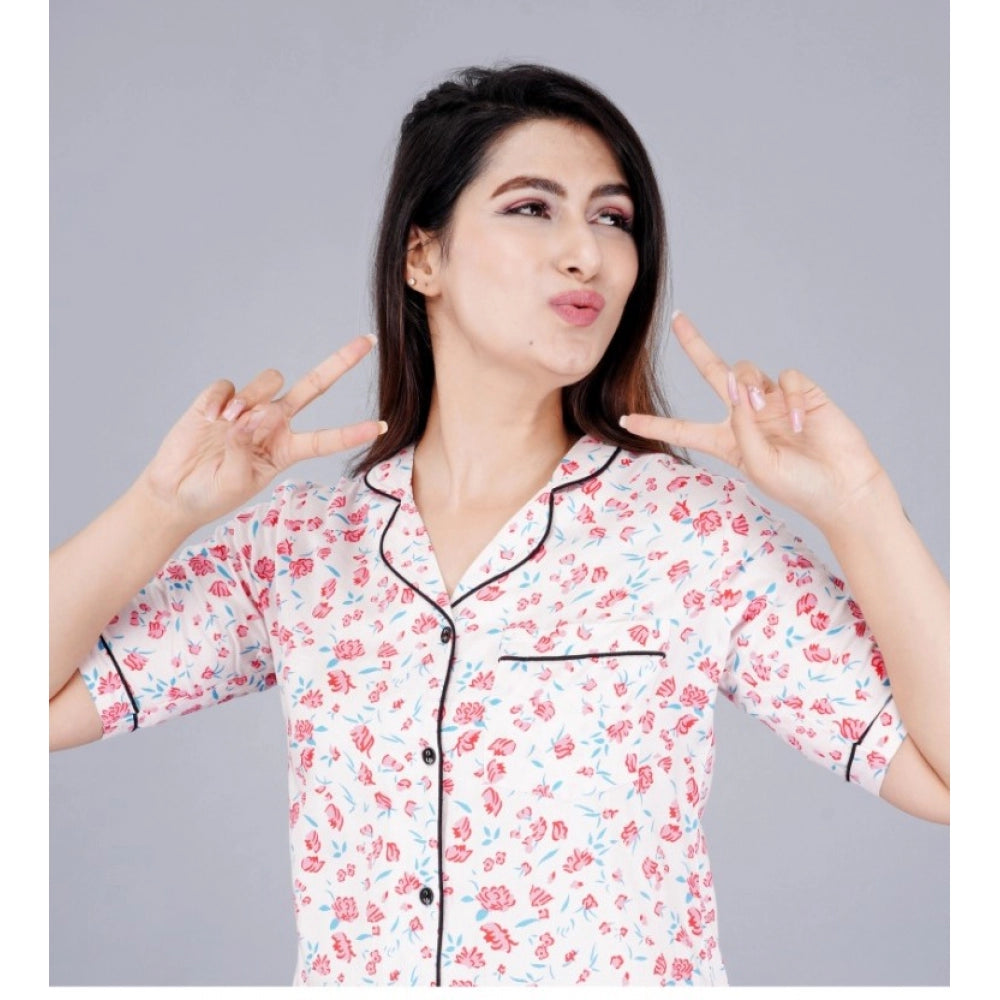Indoraa Women's Casual Half Sleeve Printed Viscose Rayon Shirt With Pyjama Pant Night Suit Set (Baby Pink)
