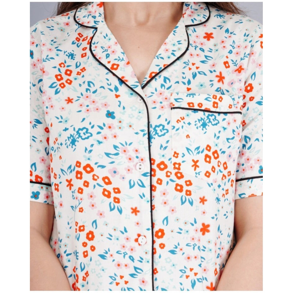 Indoraa Women's Casual Half Sleeve Printed Viscose Rayon Shirt With Pyjama Pant Night Suit Set (White)