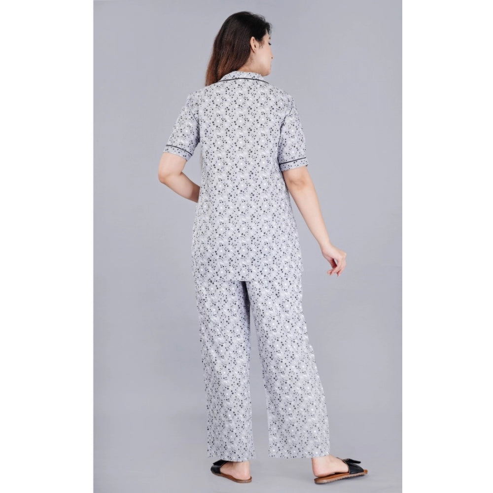 Indoraa Women's Casual Half Sleeve Printed Viscose Rayon Shirt With Pyjama Pant Night Suit Set (Grey)