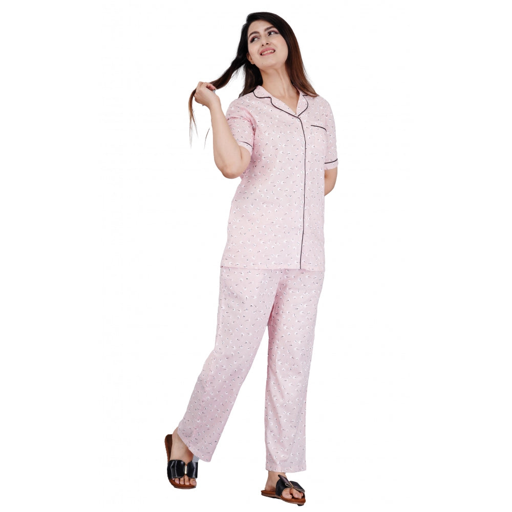 Indoraa Women's Casual Half Sleeve Printed Viscose Rayon Shirt With Pyjama Pant Night Suit Set (Pink)