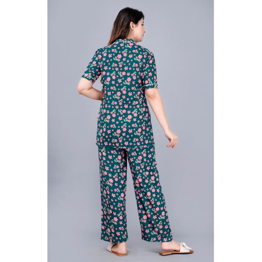 Indoraa Women's Casual Half Sleeve Printed Viscose Rayon Shirt With Pyjama Pant Night Suit Set (Teal)
