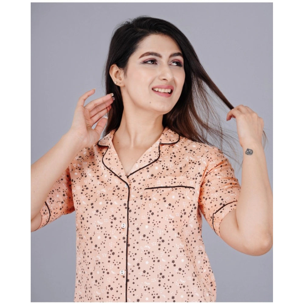 Indoraa Women's Casual Half Sleeve Printed Viscose Rayon Shirt With Pyjama Pant Night Suit Set (Peach)