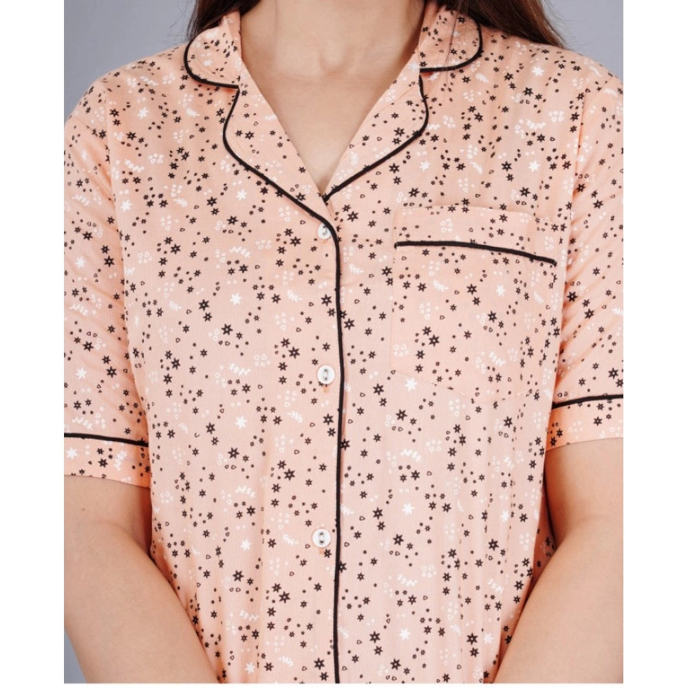 Indoraa Women's Casual Half Sleeve Printed Viscose Rayon Shirt With Pyjama Pant Night Suit Set (Peach)