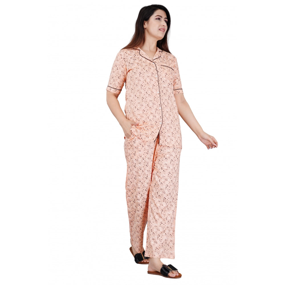 Indoraa Women's Casual Half Sleeve Printed Viscose Rayon Shirt With Pyjama Pant Night Suit Set (Peach)