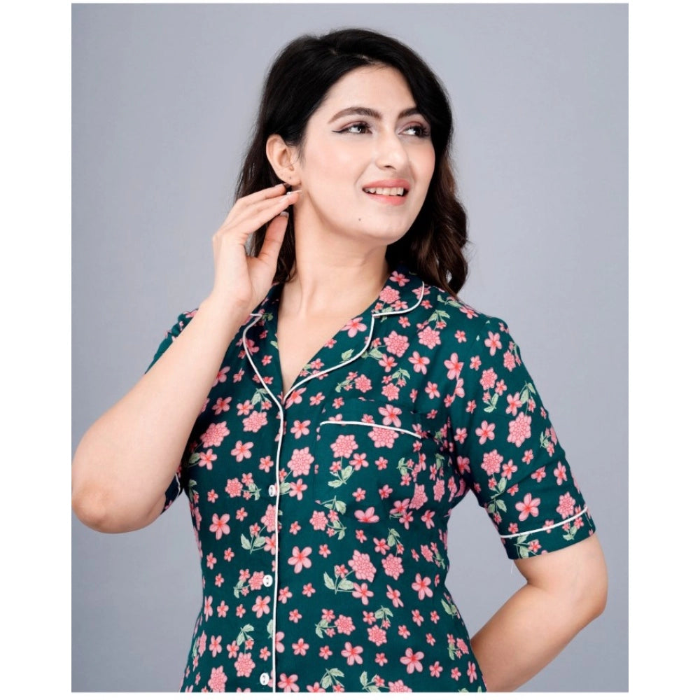 Indoraa Women's Casual Half Sleeve Printed Viscose Rayon Shirt With Pyjama Pant Night Suit Set (Teal)