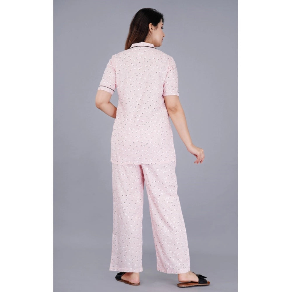 Indoraa Women's Casual Half Sleeve Printed Viscose Rayon Shirt With Pyjama Pant Night Suit Set (Pink)