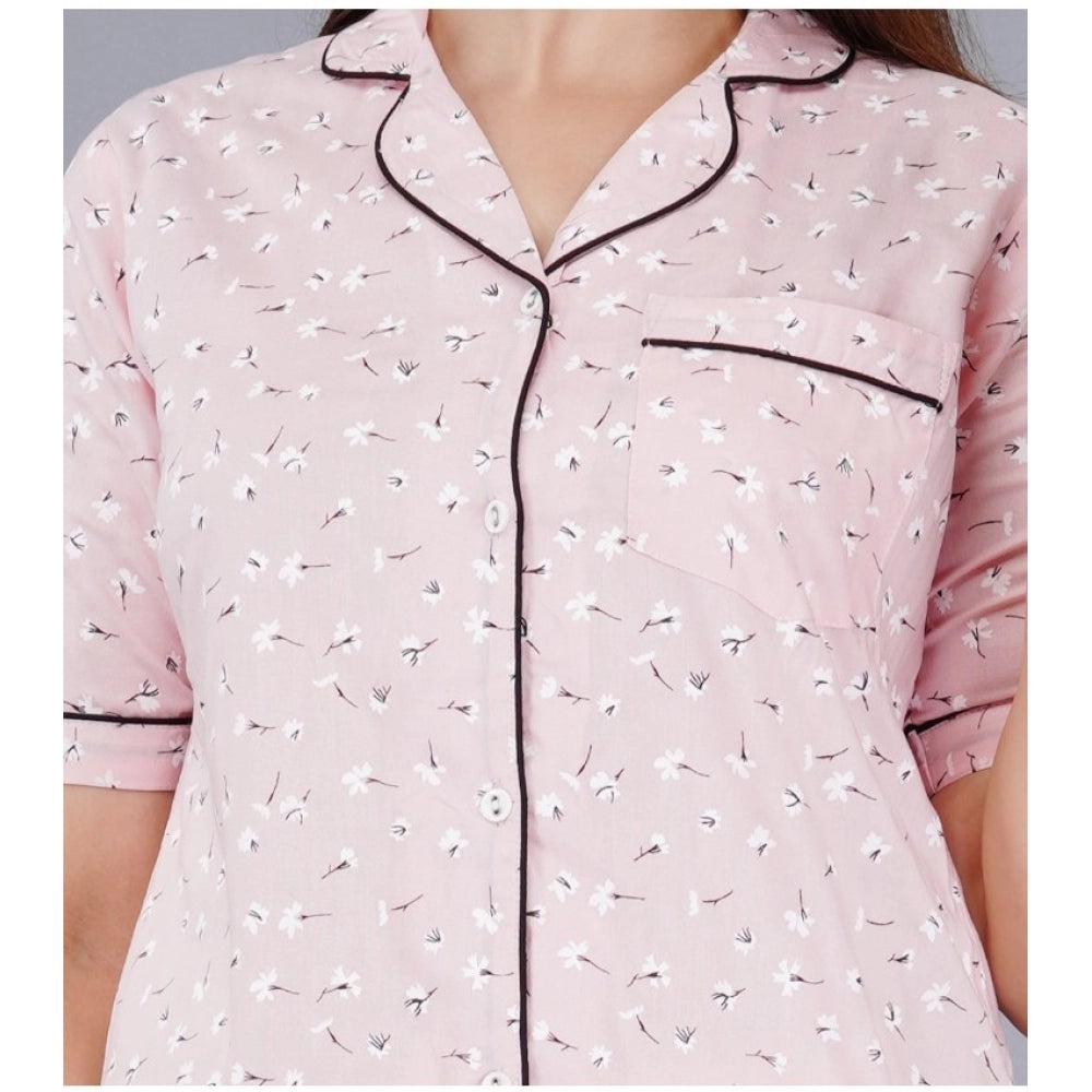 Indoraa Women's Casual Half Sleeve Printed Viscose Rayon Shirt With Pyjama Pant Night Suit Set (Pink)