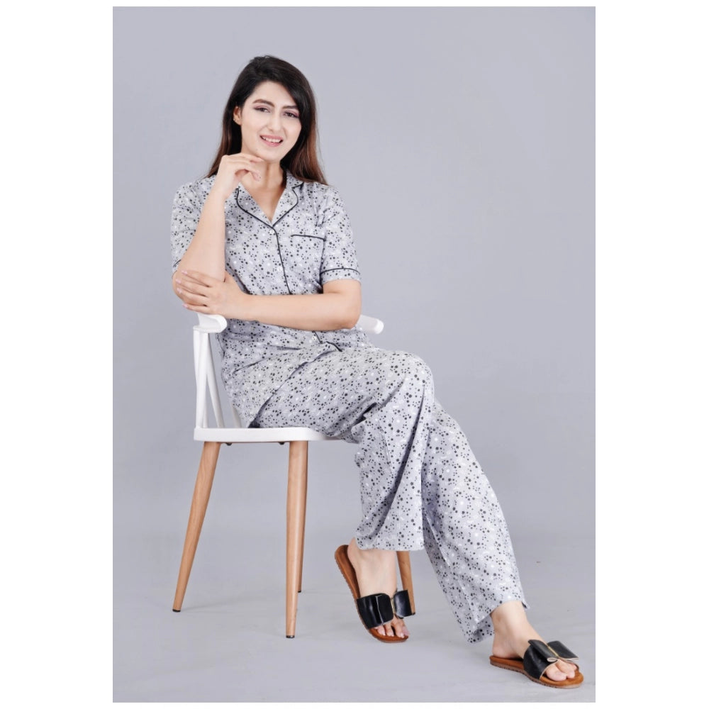 Indoraa Women's Casual Half Sleeve Printed Viscose Rayon Shirt With Pyjama Pant Night Suit Set (Grey)