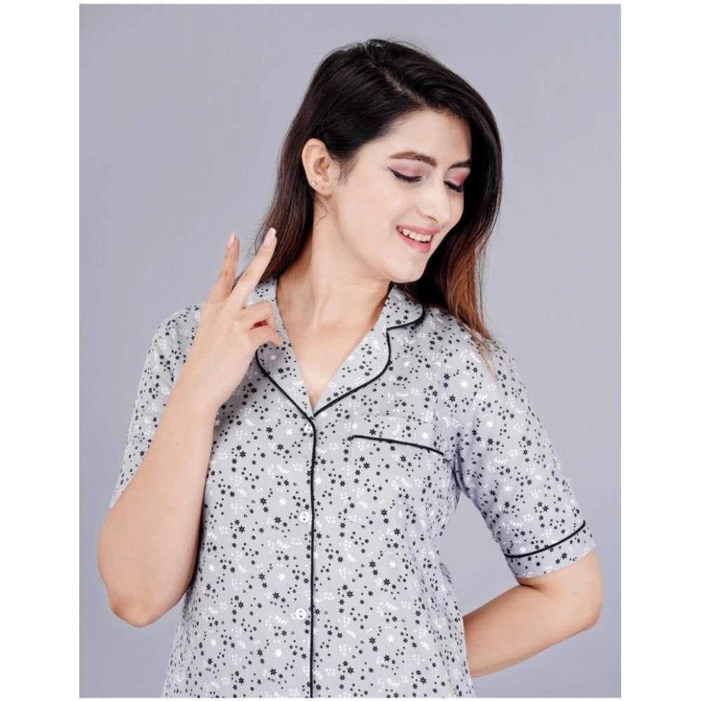 Indoraa Women's Casual Half Sleeve Printed Viscose Rayon Shirt With Pyjama Pant Night Suit Set (Grey)