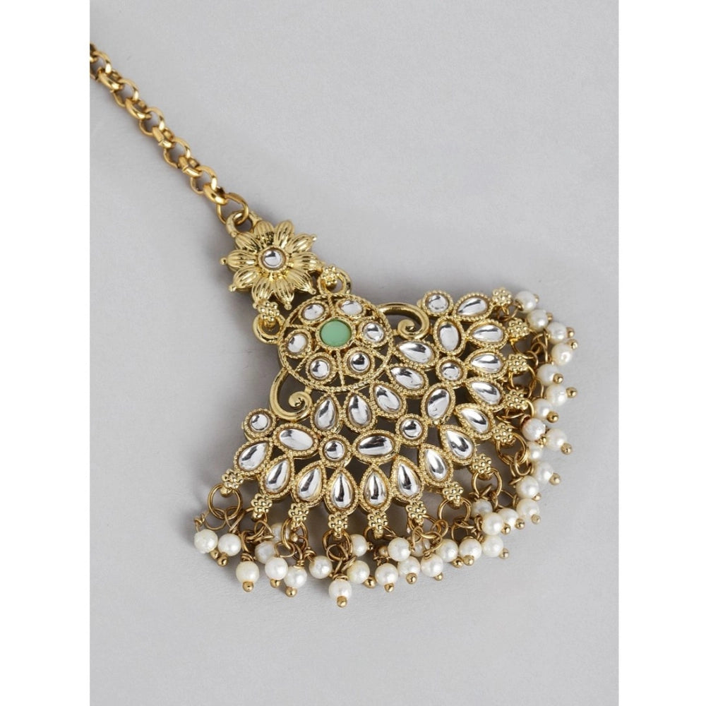 indoraa Women's Rose Gold Plated Alloy Kundan Earrings & Mangtikka (White)