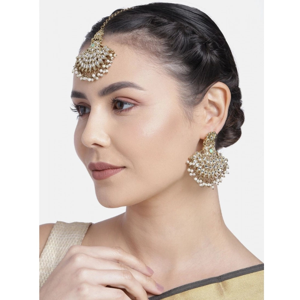 indoraa Women's Rose Gold Plated Alloy Kundan Earrings & Mangtikka (White)