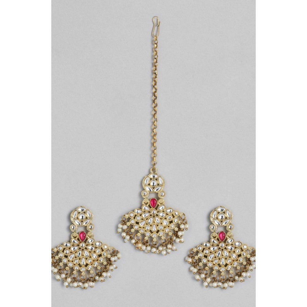 indoraa Women's Rose Gold Plated Alloy Kundan Earrings & Mangtikka (White)
