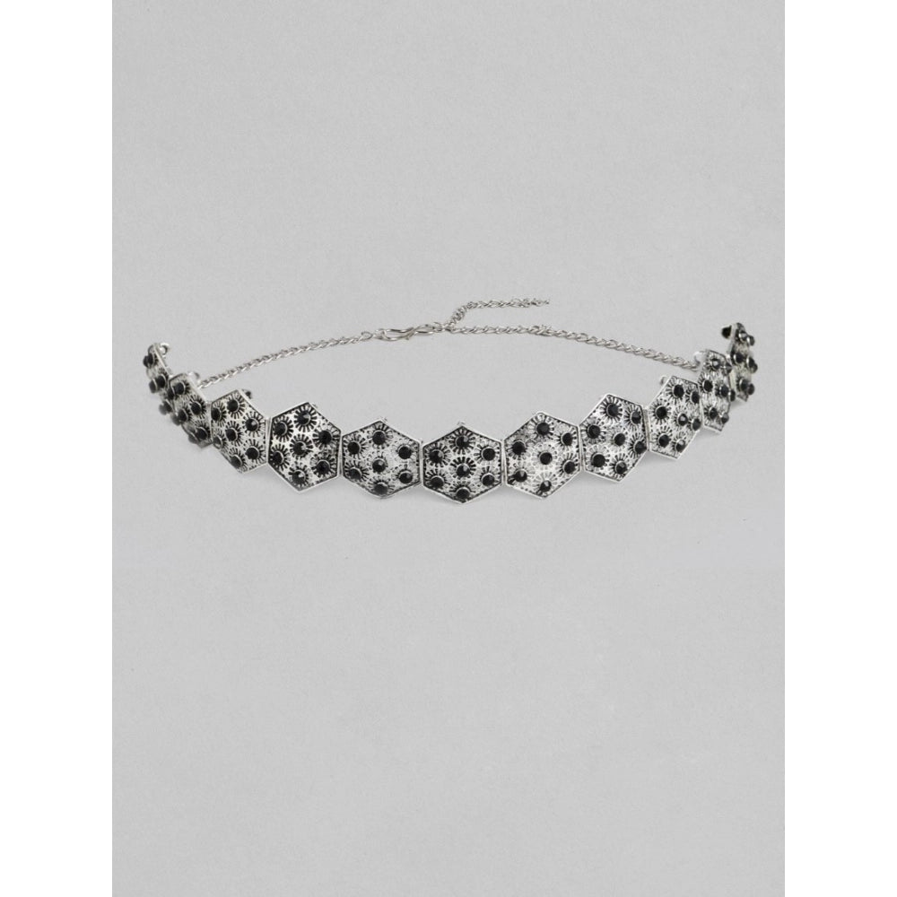 indoraa Women's Rose Gold Plated Alloy Choker (Silver & Black)