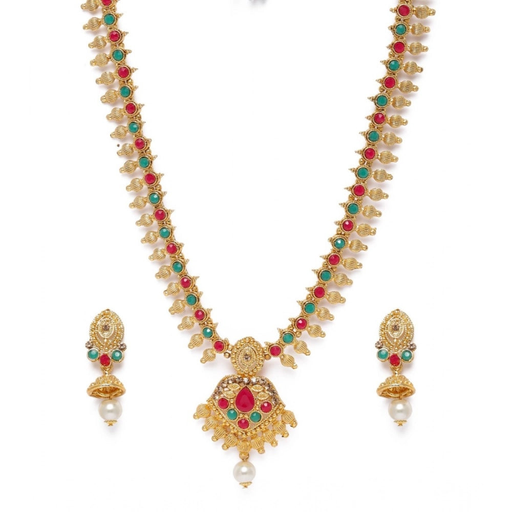 indoraa Women's Rose Gold Plated Alloy Necklace & Earings Set (Green & Red)