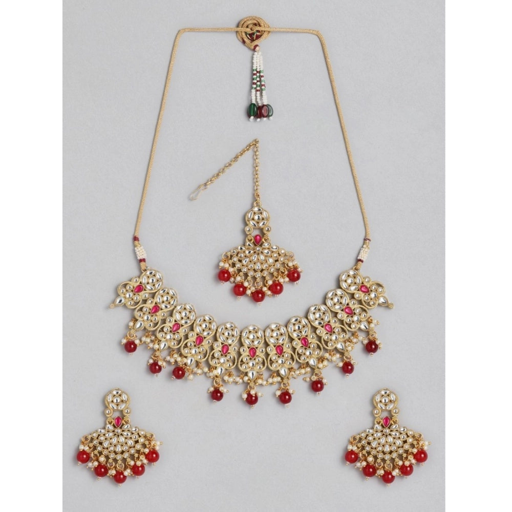 indoraa Women's Rose Gold Plated Alloy Necklace & Earings Set (Red)