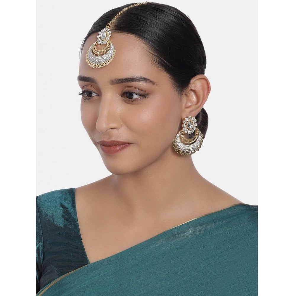 indoraa Women's Rose Gold Plated Alloy Kundan Earrings & Mangtikka (White)