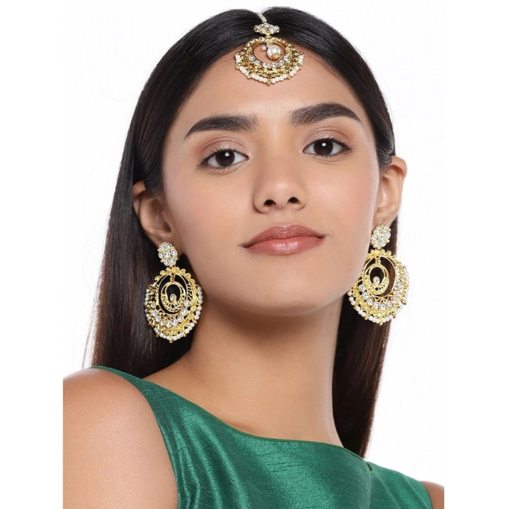 indoraa Women's Rose Gold Plated Alloy Kundan Earrings & Mangtikka (White)