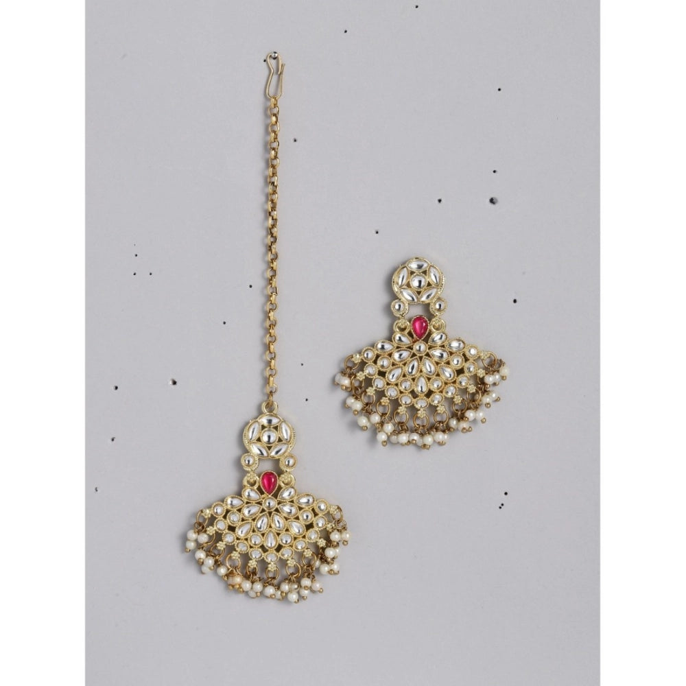 indoraa Women's Rose Gold Plated Alloy Kundan Earrings & Mangtikka (White)