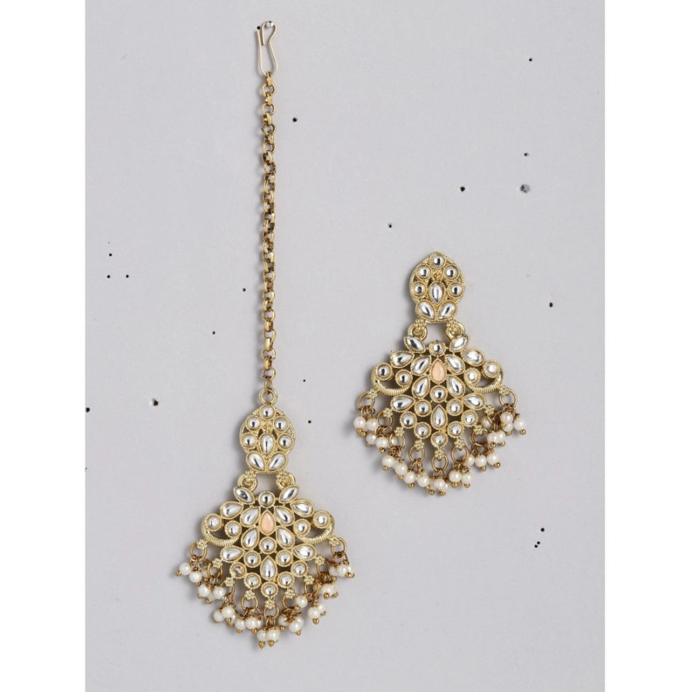 indoraa Women's Rose Gold Plated Alloy Kundan Earrings & Mangtikka (White)