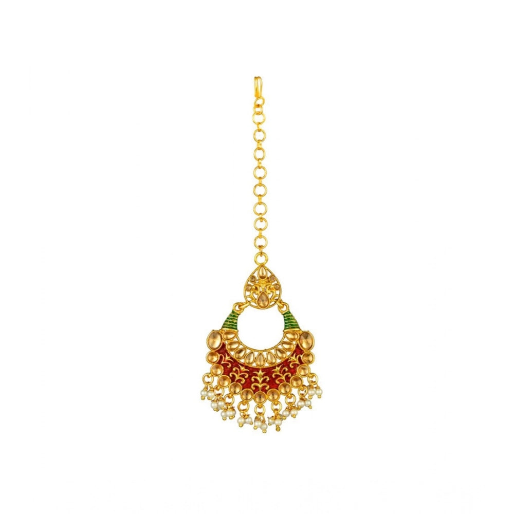 indoraa Women's Rose Gold Plated Alloy Kundan Earrings & Mangtikka (Red & Green)