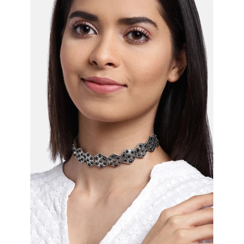 indoraa Women's Rose Gold Plated Alloy Choker (Silver & Black)