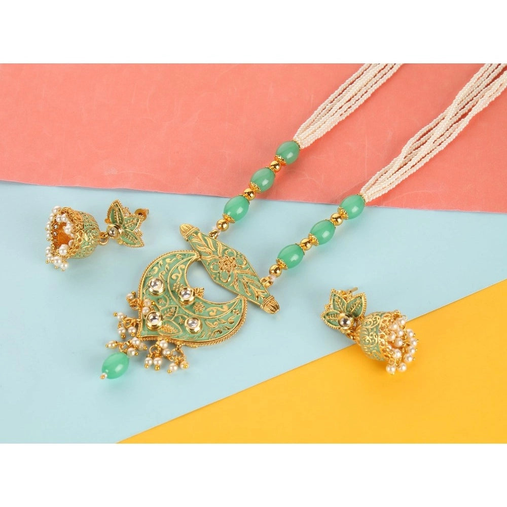 indoraa Women's Rose Gold Plated Alloy Necklace & Earings Set (Green)