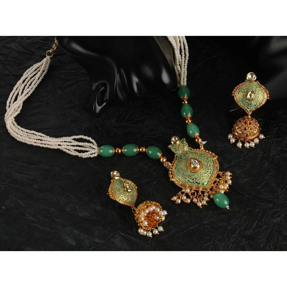 indoraa Women's Rose Gold Plated Alloy Necklace & Earings Set (Green)